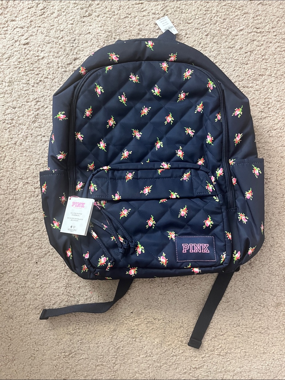 PINK Victoria's Secret Navy Quilted Kids Backpack with Pink Floral Print